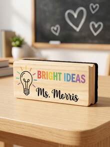 1pc Customized Teacher Whiteboard Eraser, Personalized Name Wooden Blackboard Cleaner, Custom Text Classroom Dry Erase Board, 2 Styles Rainbow Stripes With Heart/Creative Light Bulb Design, Natural Wooden Material, Soft Felt Surface, Lightweight And Durable, Easy To Grip - Model 3 - View 7