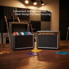 Caja almacenamiento púas guitarra diseño 3D vintage, tapa abatible, incluye púas surtidas para músicos - Altavoz negro con tapa abatible + guitarra de madera - Ver 6