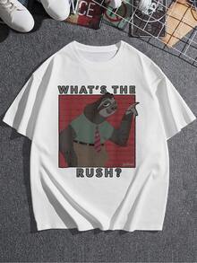 Imagen divertida de un perezoso con camisa y corbata transmitiendo una actitud relajada con la frase What's the rush reflejando humor y calma camiseta de mujer  casual cómoda y moderna para uso diario - Blanco - Ver 3