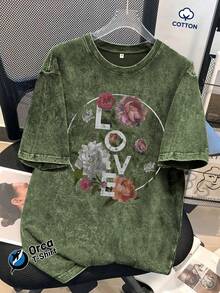 1 pieza de camiseta de algodón lavado con estampado "LOVE" y diseño de rosa vintage, 100% algodón puro, 230 gramos, marca Orca, adecuada para uso casual, salidas al aire libre, deportes, vacaciones, regalos y otras ocasiones. 180g 100% Algodón - Gris - Ver 11