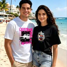 2-Piece Couple Matching Pattern T-Shirt, 100% Cotton, Loose Fit, Soft And Breathable, Casual Round Neck Short Sleeved Top California Car Print Surfboard Wave Beach Scene Design Versatile Patterns No Picky Combinations Coordinated Dating Casual Travel Simple And Cartoonish Printing - 白色 - 查看 1
