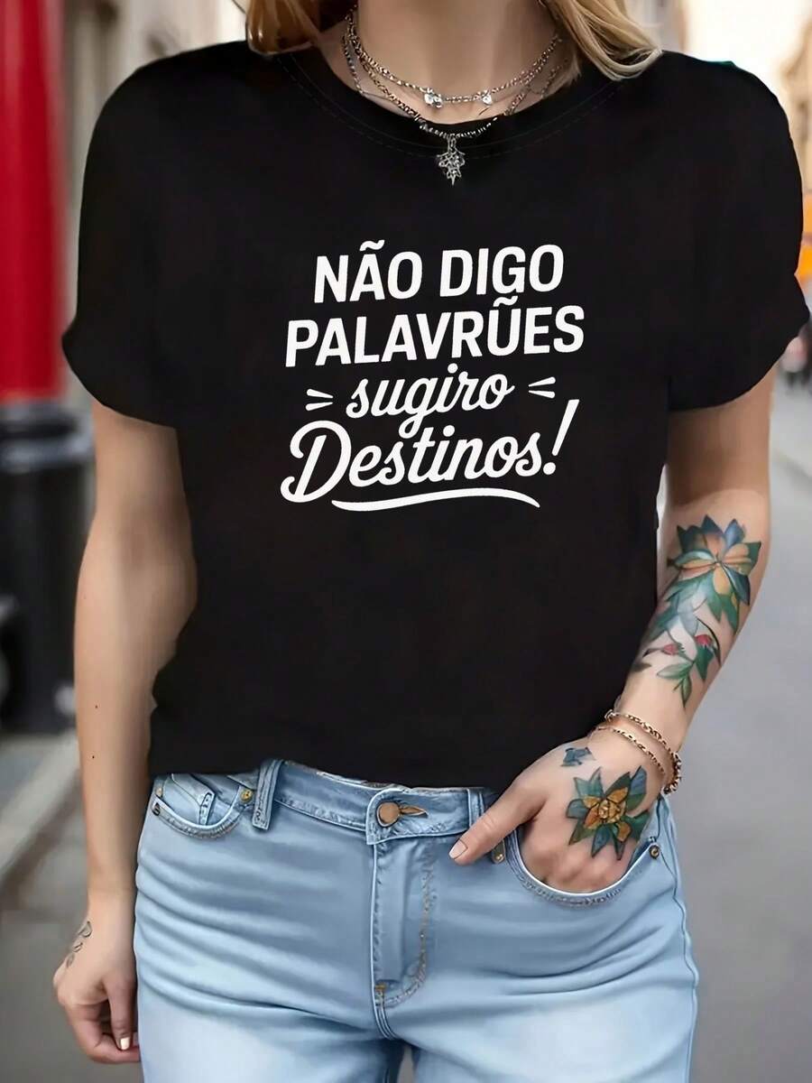 Camiseta unisex de manga corta, portuguesaCartaImprimirMujeresCamisetaCortoMangaTripulaciónCuelloInformalSuperiorparaVeranoYPrimaveraMujeresPlayeras de ropahombre, , , Dazymujer,romwehombres, bohochic,maestrasregalos,camisetaparaconjuntos de mujercon curvasparamu,y2k, - Negro - Ver 1