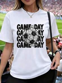 Camiseta de mujer de manga corta, estampado de letras "Game Day", detalle de balón de fútbol con purpurina, cuello redondo casual - Blanco - Ver 7