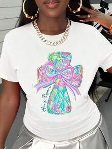 Women's T-Shirt With Easter Cross "He Has Risen", Christian Religious Faith Statement, Casual Spring Summer Fashion, Cotton T-Shirt - 白色 - 查看 3