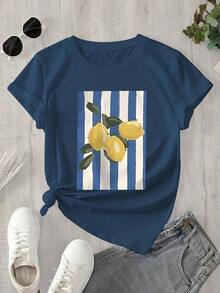 Women's Short-Sleeved T-Shirt, 100% Pure Cotton, With Lemon Print, Versatile (7) Women's T-Shirt With Vintage Retro Print, 100% Cotton - 藍色 - 查看 5