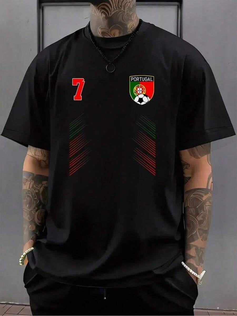 Camiseta Retro Vintage de la Selección Nacional de Portugal 100% Algodón con Diseño Artístico de Sol y Luna, Suave y Transpirable, Cuello Redondo, para Uso Casual, Manga Corta, Tejido Ligero para Todas las Estaciones, Ideal para Halloween y Regalo de Navidad - Negro - Ver 1