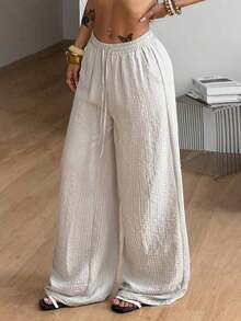 100% Cotton Washed White Trousers, Basic Minimalist Bohemian Style, For Summer Concerts, Outings And The Beach - 卡其色 - 查看 12