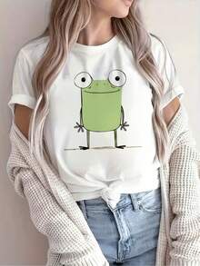 Playeras de mujer casuales y elegantes con estampado de rana abstracta, transpirables, de cuello redondo y manga corta, una nueva camiseta de verano para mujer para el ocio. - Blanco - Ver 2