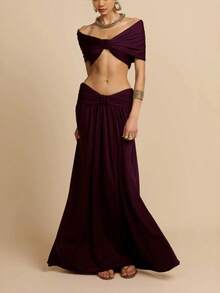 Conjunto vestido largo liso de verano estilo europeo, hombro al descubierto, escote bandeja y diseño con cintura al descubierto, estilo sensual y moderno. - Morado - Ver 2
