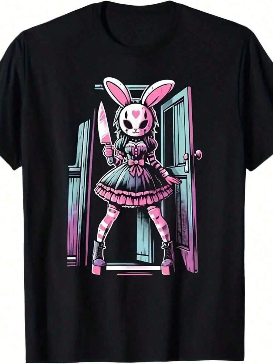 1 Piece, 100% Cotton, Killer Gothic Rabbit Print T-Shirt, Seasonal Casual T-Shirt, Short Sleeve Cotton Crew Neck T-Shirt, Outdoor Sports T-Shirt, Christmas And Thanksgiving Gift, Affilante. - 黑色 - 查看 1