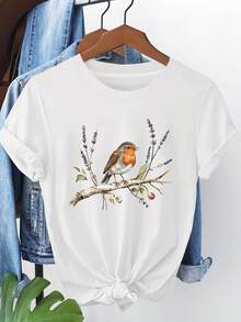 Plus Size Women's T-Shirt With Graphic Bird On A Branch Print, Short Sleeve, Round Neck, Casual Style For Summer And Spring, Women's Clothing - 白色 - 查看 8