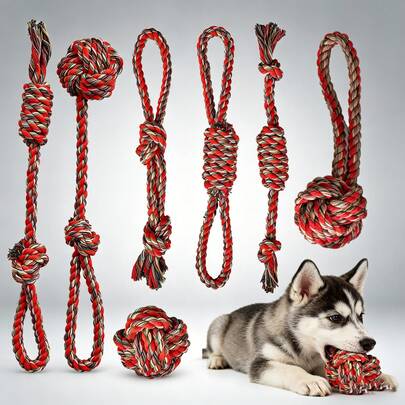 7pcs Red Dog Chew Rope Toys, Durable Training Interactive Dog Rope Toys Suitable For Dogs Of All Sizes, Multifunctional Teeth Cleaning Rope For Indoor/Outdoor Training