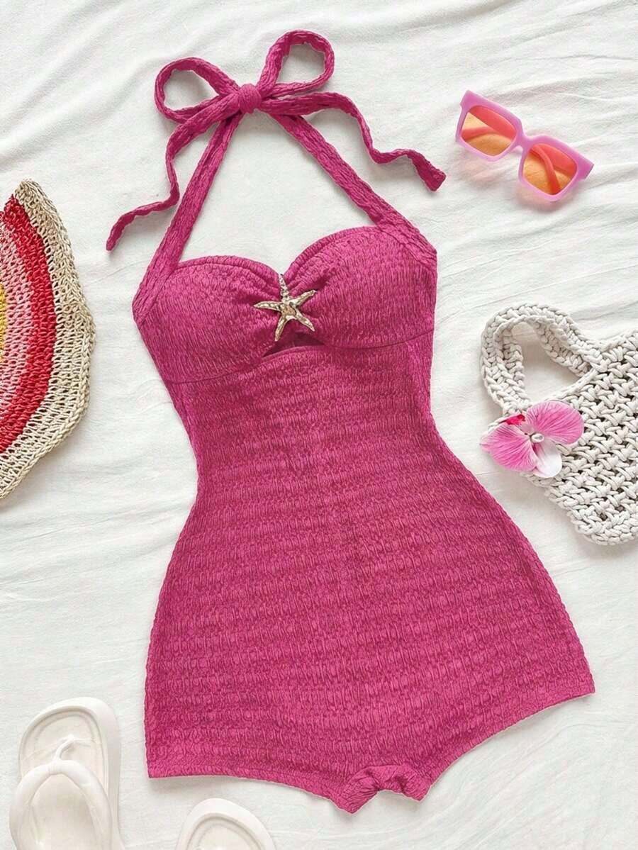 Mono de textura de unicolor con lazo de atar en el cuello para vacaciones, para fiesta en la playa - Rosa Fucsia - Ver 1