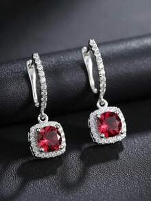 1 Pair 925 Sterling Silver Princess Cut Cubic Zirconia Hoop Earrings For Women, Luxury Elegant Wedding & Engagement Jewelry, Anniversary Gift For Her - 紅色 - 查看 5