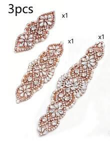 Juego de 3 piezas de accesorios nupciales en oro rosa, que incluye clips de strass en oro rosa, cinturón a juego, liga, cadena de strass adhesiva, para boda - Multicolor - Ver 3