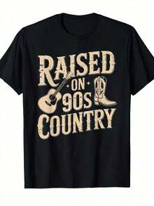 Y2k Women's Summer Tops, 90s Vintage Country T-Shirt, 180gsm - Vintage 90s Country T-Shirt, Featuring A Cowboy Hat And Guitar Design, Printed With 90s Country Slogan, Casual Short Sleeve Crew Neck Tee, Suitable For Concerts, Festivals And Casual Wear - 90s Nostalgic Style 2026 - Suitable For Daily Wear, Holidays, Parties, Cotton T-Shirt, Camiseta Mujer Manga Corta - Black - View 1