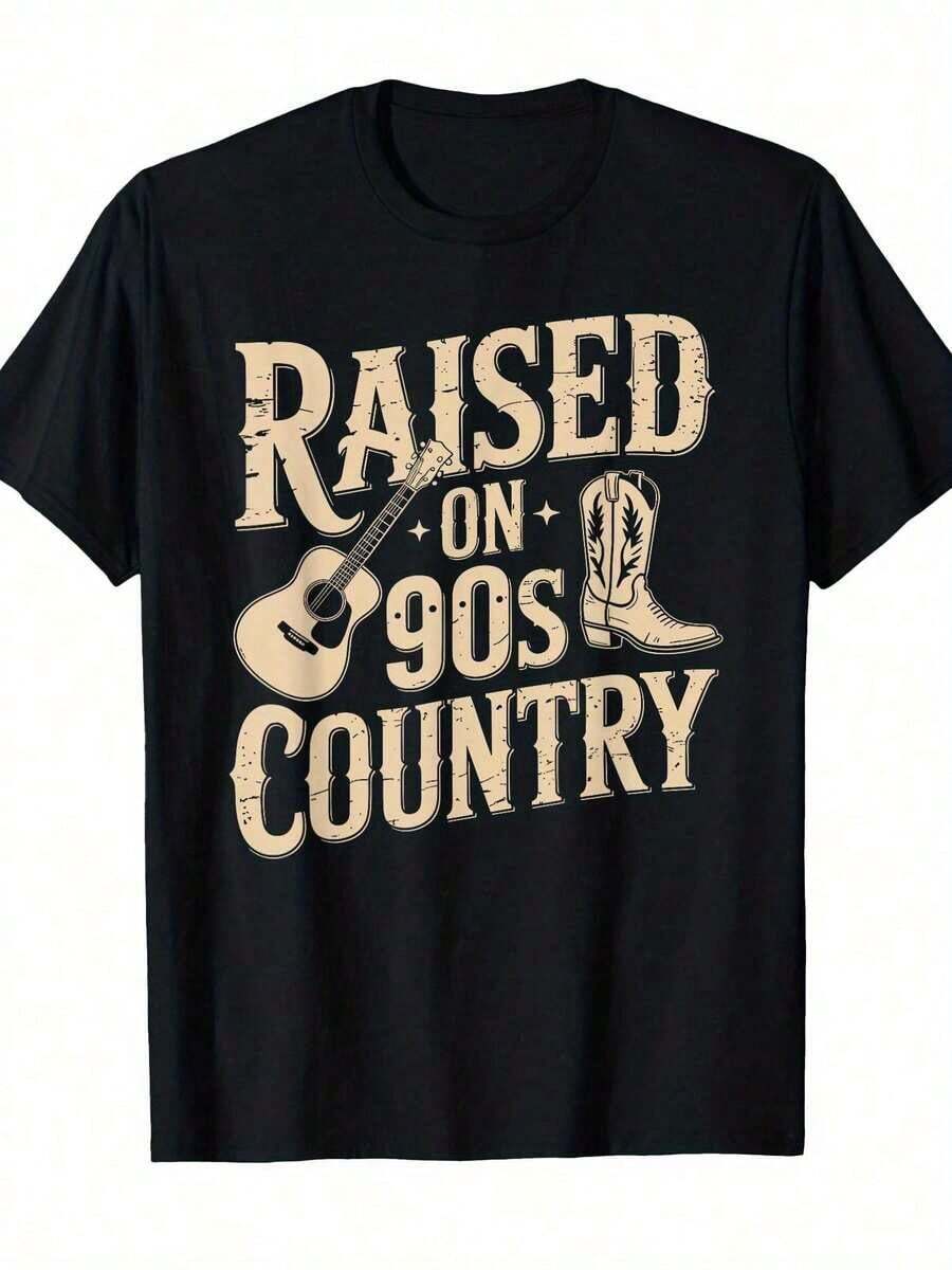 Y2k Women's Summer Tops, 90s Vintage Country T-Shirt, 180gsm - Vintage 90s Country T-Shirt, Featuring A Cowboy Hat And Guitar Design, Printed With 90s Country Slogan, Casual Short Sleeve Crew Neck Tee, Suitable For Concerts, Festivals And Casual Wear - 90s Nostalgic Style 2026 - Suitable For Daily Wear, Holidays, Parties, Cotton T-Shirt, Camiseta Mujer Manga Corta - Black - View 1