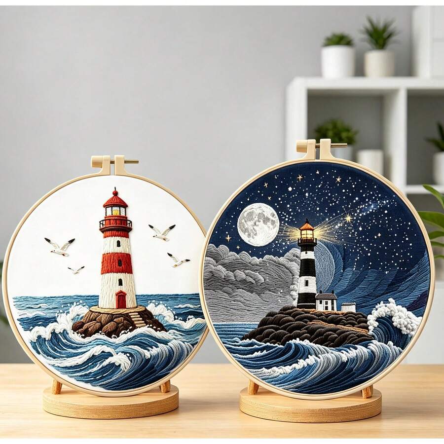 2pcs Ocean Lighthouse Series Embroidery Kits, Beginner DIY Handmade Embroidery Set, Fresh Night Scenery Home Decor Wall Hanging