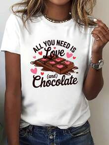 Todo lo que necesitas es amor y una camiseta con estampado de letras de chocolate, un top casual de manga corta y cuello redondo, adecuado para el verano y la primavera, ropa de mujer. - Blanco - Ver 6