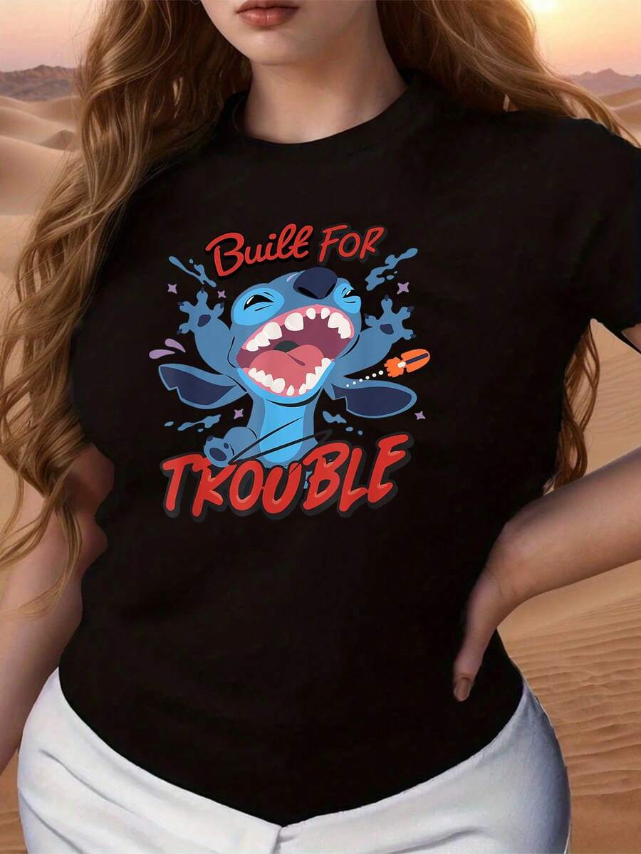 Fun Illustration Of A Blue Creature Laughing With Playful Energy And Touches Of Paint Symbolizing Freedom And Youthful Joy. Comfortable, Casual, And Modern Women's T-Shirt For Everyday Wear. - 黑色 - 查看 1