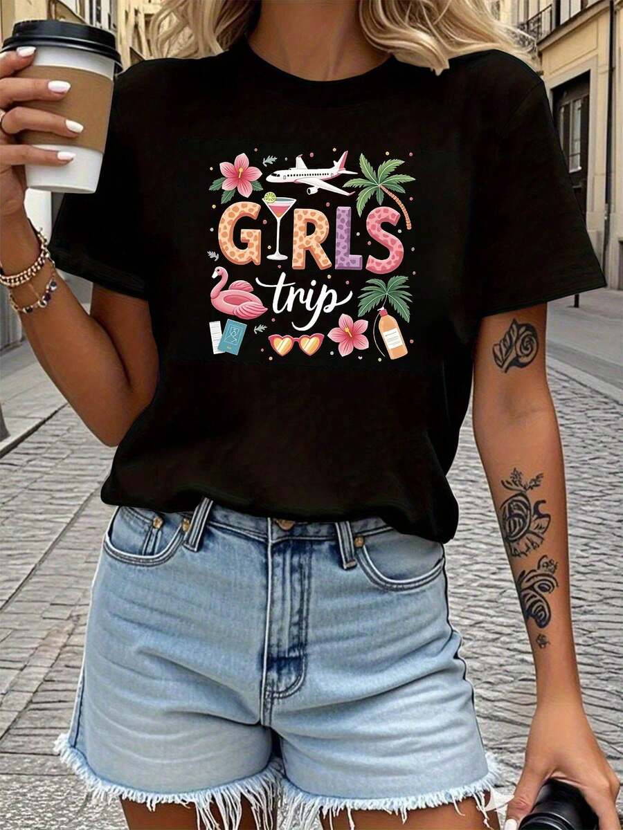 A Women's Short-Sleeved T-Shirt For Spring And Summer, Featuring A Leopard Print And Elements Like Airplanes, Flamingos, And Palm Trees. Perfect For Casual Outings, Holiday Gifts, Get-Togethers With Friends, Music Parties, And Vacation Outfits. - 黑色 - 查看 1
