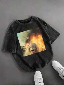 Camiseta de manga corta con cuello redondo y estampado divertido de cara de muñeca, estilo retro casual, para uso diario y con apariencia lavada |     Estilo vintage, longitud regular, temporada de verano - Negro - Ver 1
