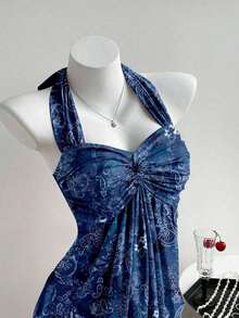 Top de tirantes con estampado de lunares marrones y detalle de nudo en la espalda para mujer, adecuado para verano, vacaciones de primavera, ceremonia de graduación, fiesta de boda, vacaciones elegantes, playa casual, estilo Y2K lindo y sexy y - Azul - Ver 3