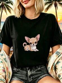 Women's T-Shirt With Vintage Mexican Chihuahua Animal Theme Art Design, Black Short-Sleeved Urban Style T-Shirt For Women, Modern And Casual Outfit For Summer Beach Vacation, Classic Cut, Soft And Comfortable, Loose Fit, Suitable For Daily Outdoor Excursions, Fashionable Top For Women. - 黑色 - 查看 9