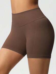 Pantalones cortos de yoga sin costuras de cintura alta para mujer - Levantamiento de glúteos elástico, adecuado para correr, fitness y actividades al aire libre| Apariencia de moda| Tela elástica de verano - Café integral - Ver 5