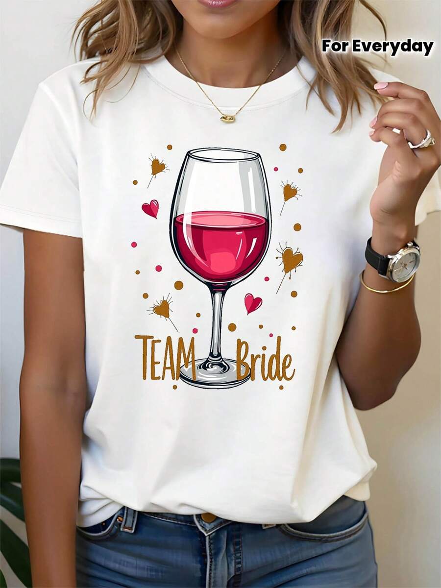 Women's Casual Short-Sleeved Crew Neck T-Shirt With Heart Print And Red Wine Pattern For Bachelorette Parties, Ideal For Everyday Style, Outings And Holiday Gifts. - 白色 - 查看 1