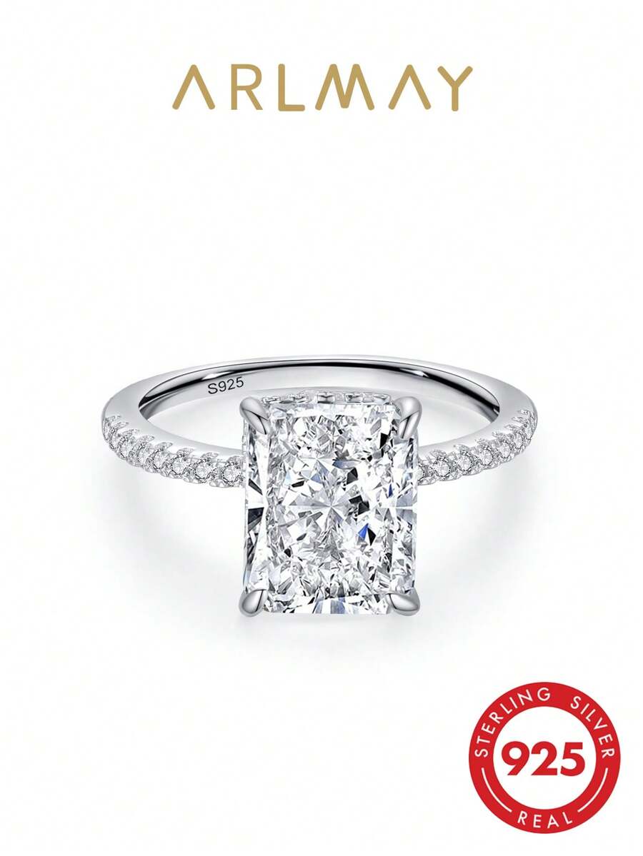 1pc 925 Sterling Silver Luxury Cubic Zirconia Engagement/Wedding Ring, Jewelry Gift For Women - Silver - View 1