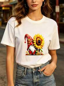 Women's Soft Fashion T-Shirt For Everyday Wear With Gnome And Sunflower Design - Fun And Original T-Shirt, Perfect Gift For Family Gatherings And Corporate Team Building Events, Lightweight Summer T-Shirt With Festive Design - 白色 - 查看 1