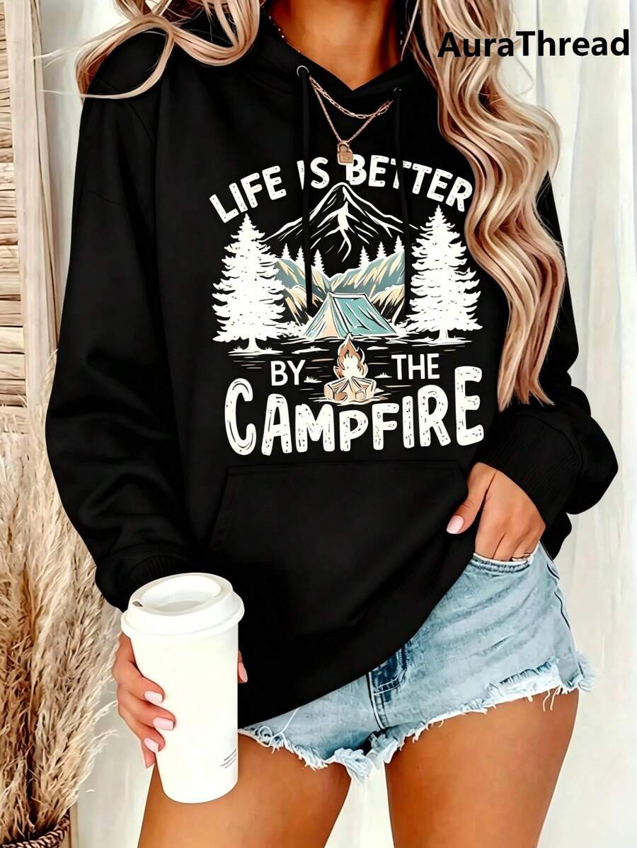 Suéter gráfico de campamento para mujer - "La vida es mejor junto a la de montaña y árbol de pino, suéter de cuello redondo cálido para otoño e invierno, de elasticidad media, informal, lava - Negro 1 - Ver 1