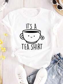 Women's Casual Round Neck T-Shirt, 100% Polyester Fabric, Regular Length, Fashionable All Season T-Shirt With "It's A Tea Shirt" Alphabet Print. - 白色 - 查看 9