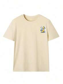 Women's Short-Sleeved, Round-Neck T-Shirt With A "Roman Botanical Garden" Lemon Print, Loose Fit In Cream, Casual Relaxed Fit For Summer, With A Tropical Vibe, Italian Style, For A Day At The Beach, Coastal Town, Vacation Or Brunch - 杏 - 查看 3
