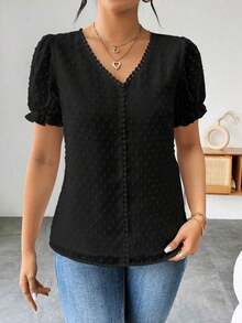 Blusa de gasa con estampado de lunares francés de moda para mujer, diseño elegante y elegante de manga corta con volantes para el verano - Negro - Ver 3