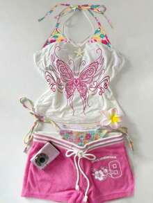 Este top deportivo sin espalda con estampado contrastante para mujer es perfecto para viajes a la isla, salidas a la playa, vacaciones, uso diario, festivales de música, fiestas y otras ocasiones. - Multicolor 7 - Ver 1