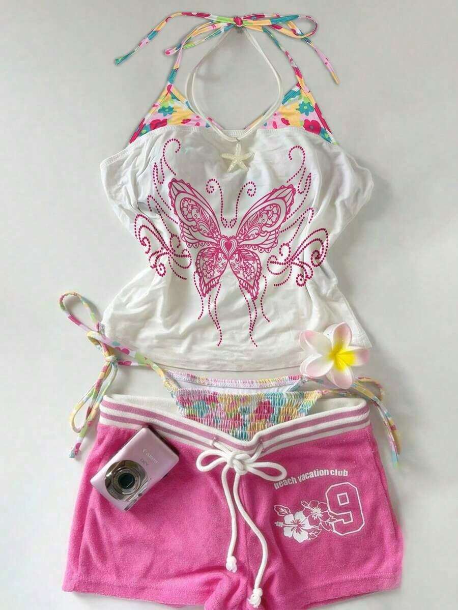 Este top deportivo sin espalda con estampado contrastante para mujer es perfecto para viajes a la isla, salidas a la playa, vacaciones, uso diario, festivales de música, fiestas y otras ocasiones. - Multicolor 7 - Ver 1