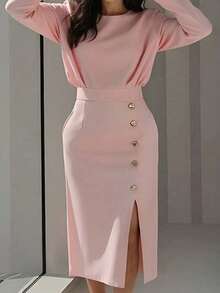 Vestido largo de fiesta liso primavera 2026, ajustado con abertura elegante - Rosa - Ver 1