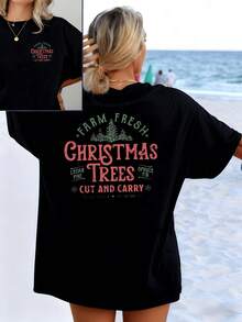 Festive Forest With Fresh Christmas Trees, Symbols Of Family Unity And Nature That Evoke Warmth And Hope On Winter Days. Women's Double-Print T-Shirt, Comfortable For Everyday Wear. - 黑色 - View 8