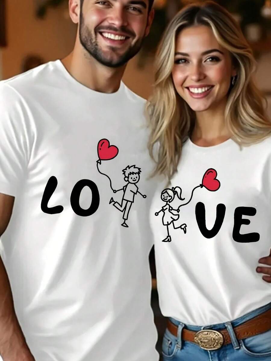 Casual Short Sleeve T-Shirt With Round Neck And Cartoon Heart Character Print For Couples On Valentine's Day - Black - View 1