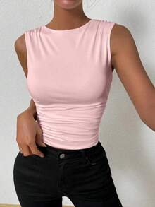 Camiseta de tirantes ajustada con cuello de tripulación y pliegues de unicolor de verano para mujer - Rosa Pálido - Ver 6
