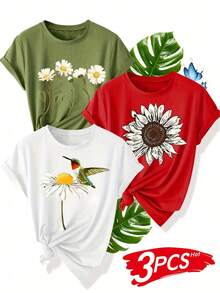 Women's T-Shirts, Women's T-Shirts, Women's One-Piece T-Shirt With Floral And Bird Print - Casual Retro Style, Short Sleeve, Round Neck, Machine Washable - Summer Sports T-Shirt In Green, Orange And Beige Colors. - 1件白色隨機圖案 - 查看 6