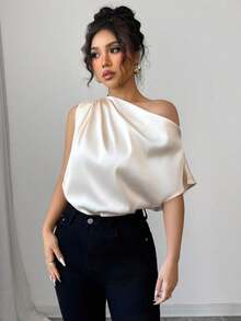 Blusa de mujer con hombro asimétrico con volantes de satén, elegante y casual para fiesta, ir al trabajo y uso diario, estilo francés de primavera/verano con un solo hombro descubierto - Albaricoque - Ver 1