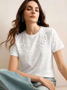 Blusa elegante y de moda con cuello redondo, decorada con apliques de lentejuelas y flores 3D, de manga corta - Blanco - Ver 5