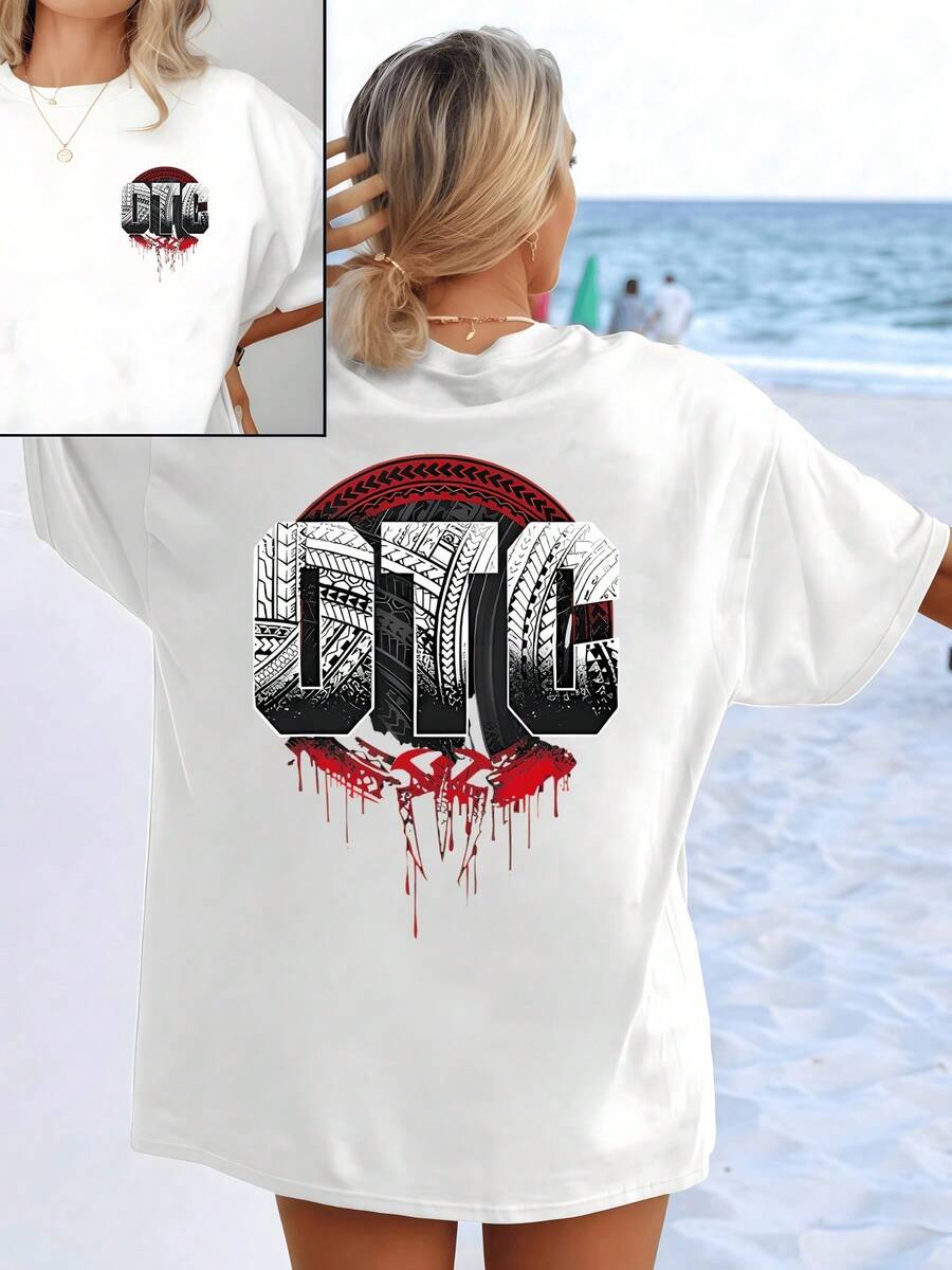 Pattern With Large Letters Formed By Tire Tracks And Red Paint Effects Symbolizing Strength, Movement, And A Passion For Freedom. Modern And Comfortable Double-Sided Women's T-Shirt - 白色 - 查看 1