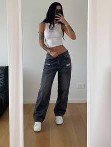 Casual Daily Wear Distressed Low Waist 90's Gray Denim Wide Leg Jean - Dark Wash - View 2