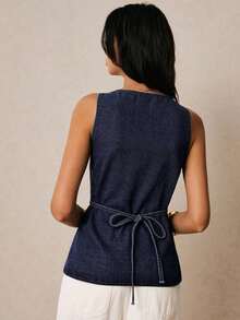 Blusa de mezclilla informal sin mangas de cuello cuadrado y abotonadura sencilla para mujer - Azul lavado oscuro 2 - Ver 2