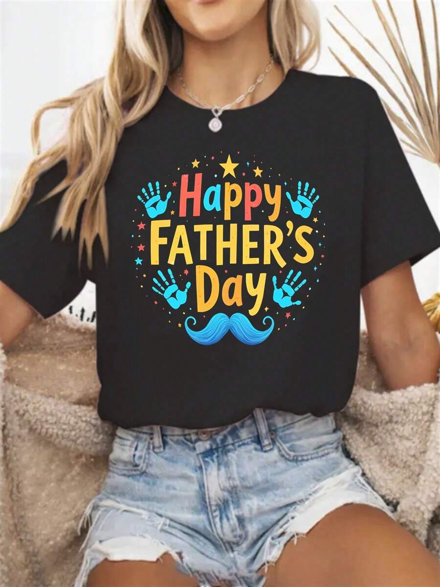 Creative Design For Father's Day, Fashionable Women's Casual Sports T-Shirt, Round Neck, Stretchy Fabric, Printed, Suitable For All Seasons, Casual Women's Sportswear. Elegant Party Outfit, T-Shirt For Elegant Ladies, Blouses Suitable For Curvy Women, Casual Wear, Cool And Sweat-Free Summer Wear, Fun Letter Print. - 黑色 - 查看 1