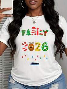 1 Piece Family Christmas T-Shirt 2026 Creating Memories Together Christmas Tree, Reindeer And White Lights Design For Women 180g 100% Cotton - 白色 - 查看 3